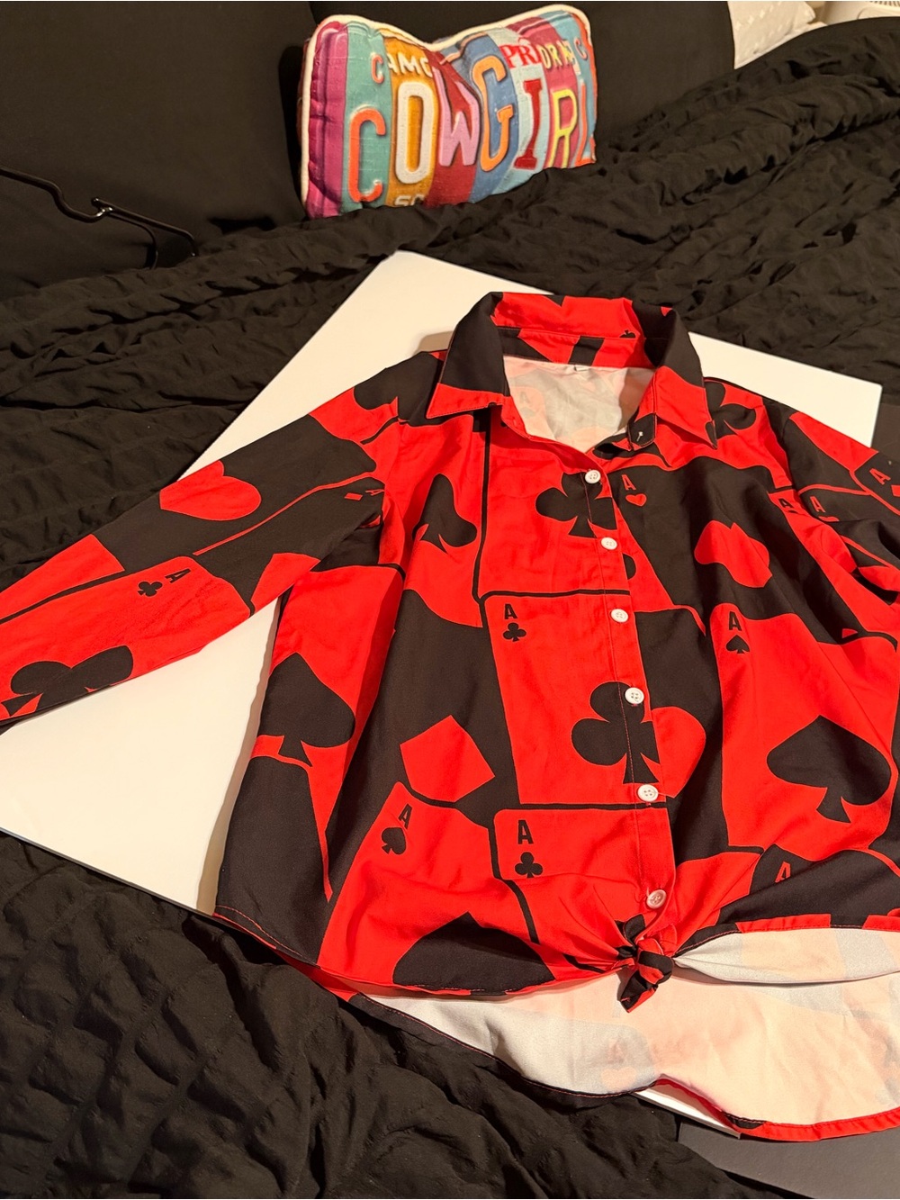 Red and Black Playing Card Print Button-Down Shirt